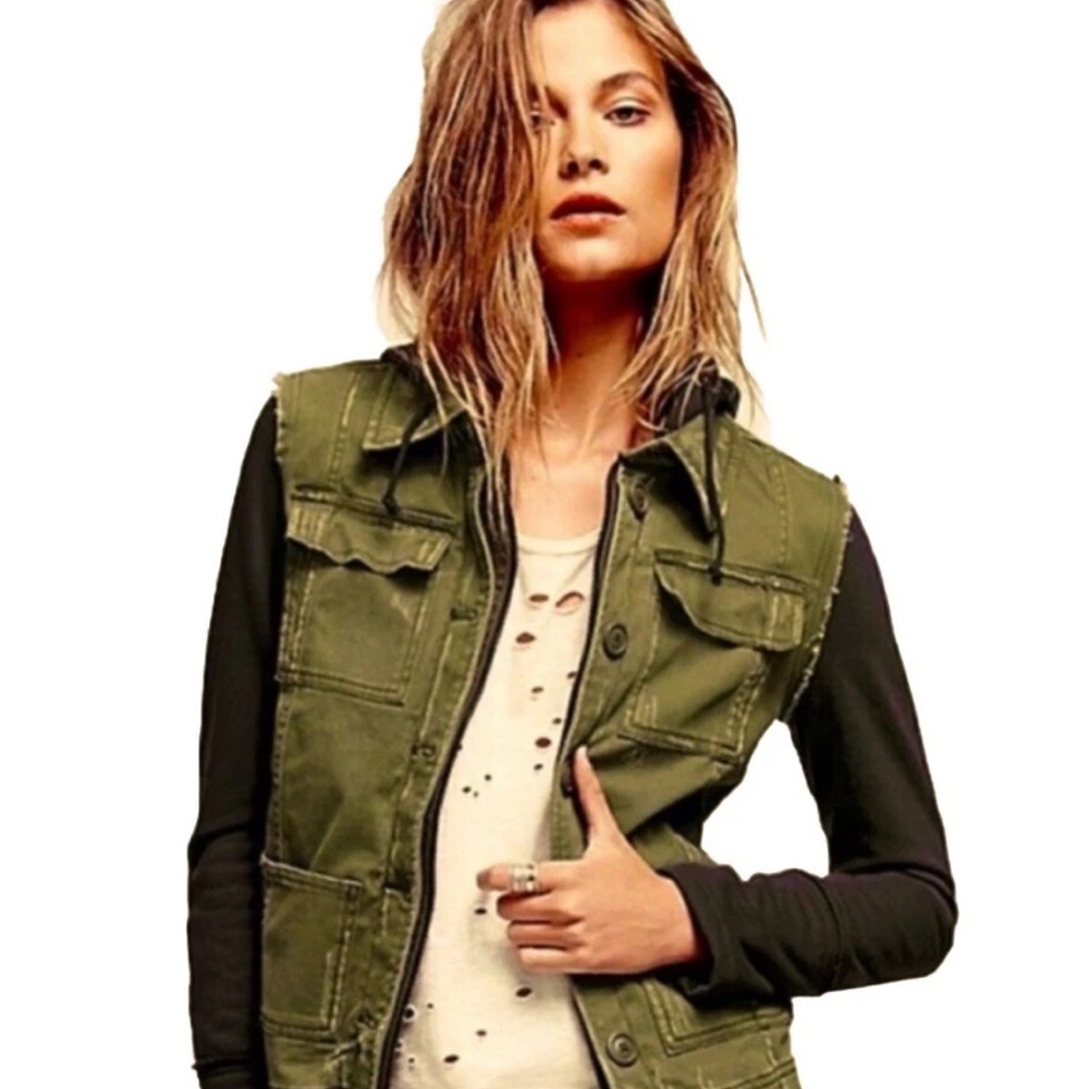 Free People Jacket Women XS / TP Green Black Distressed Hood Army Zip Up Buttons